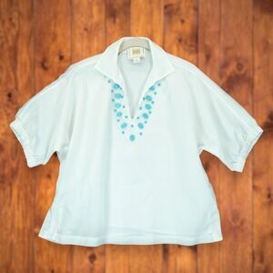Emily McCarthy White Taffeta Poppy Short Sleeve Top Size Small Turquoise Details